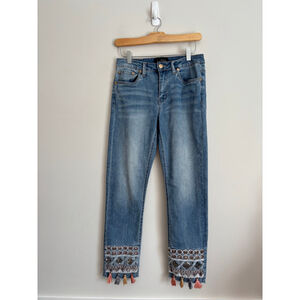 Joseph Ribkoff Size 6 Ankle & Cropped Jeans With Embroidery & Tassels Boho